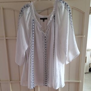 White 3/4 Sleeve Embellished Blouse with Tie Front
